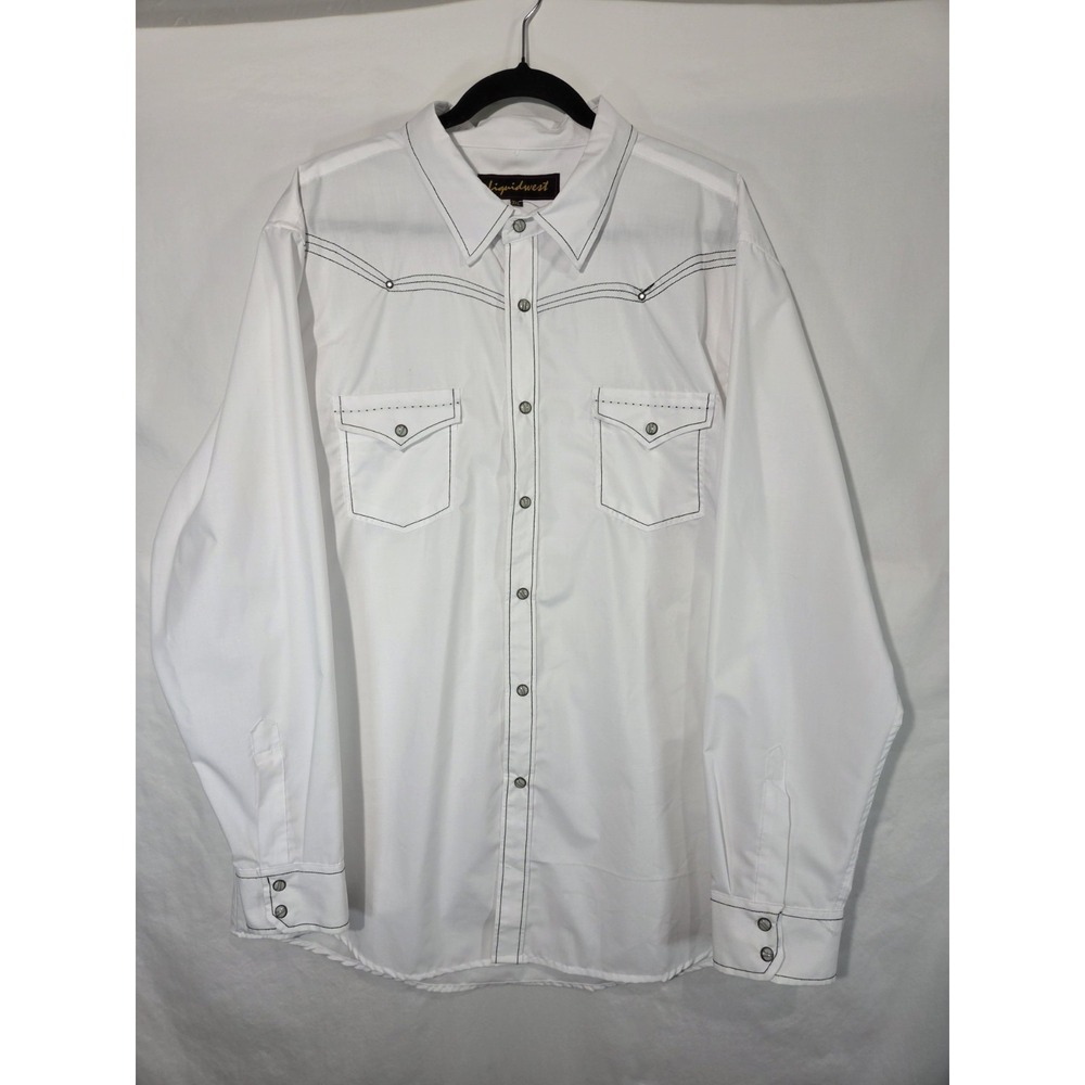 Liquid West‎ Mens Pearlsnap White Dress Shirt 3XL Black Piping Rockabilly Rodeo